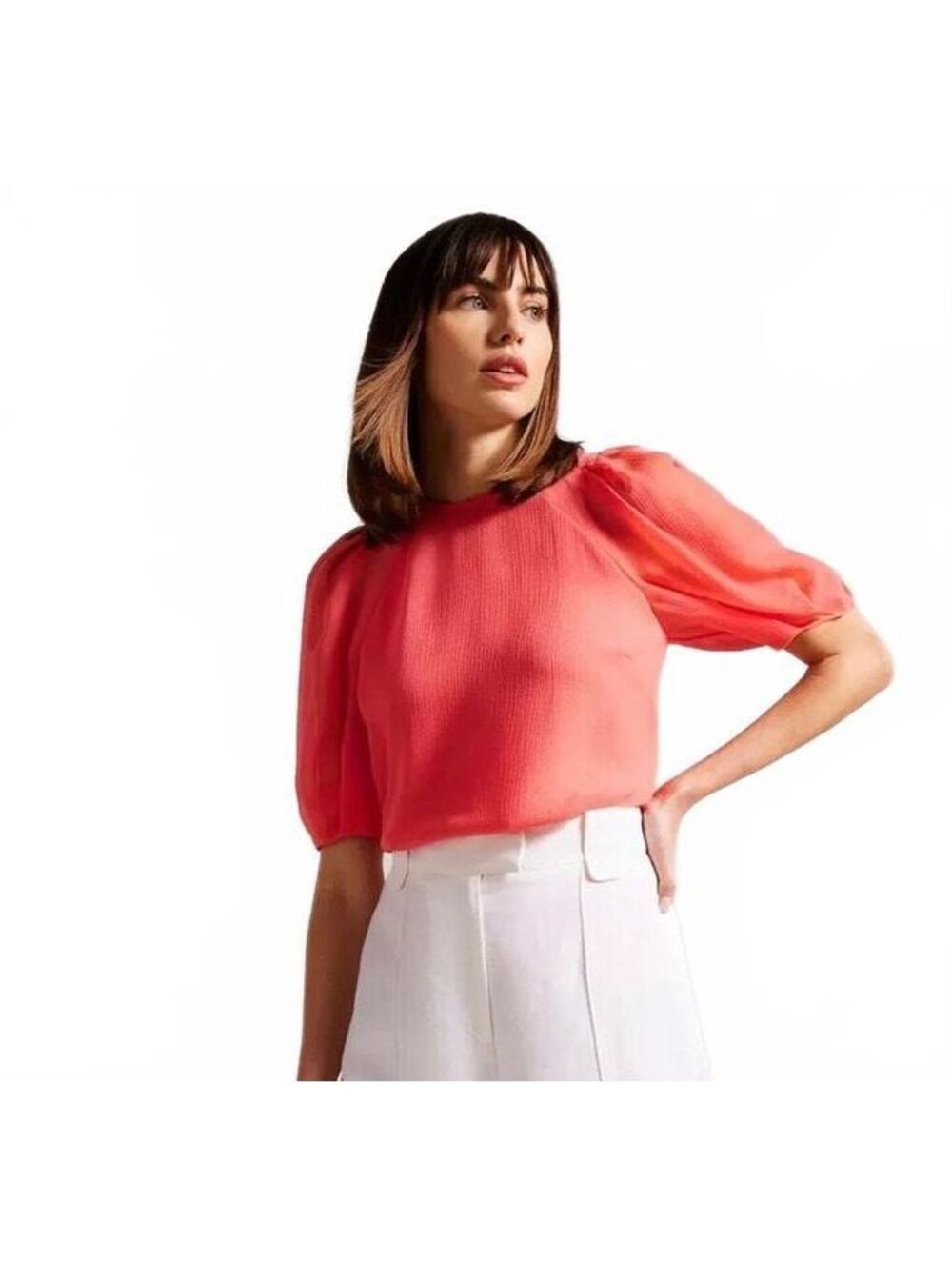 Ted Baker Natelie Boxy Top Blouse Coral Puff Sleeves Bow Office Professional